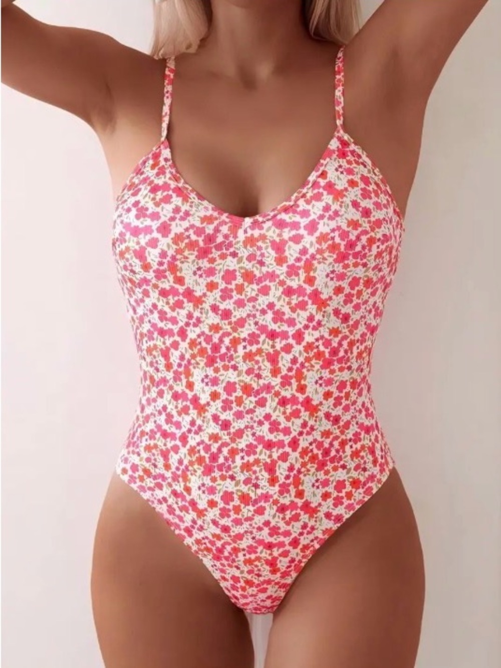 Ribbed Floral Pink White One-Piece Swimsuit, Women’s Size Large, Padded Bra